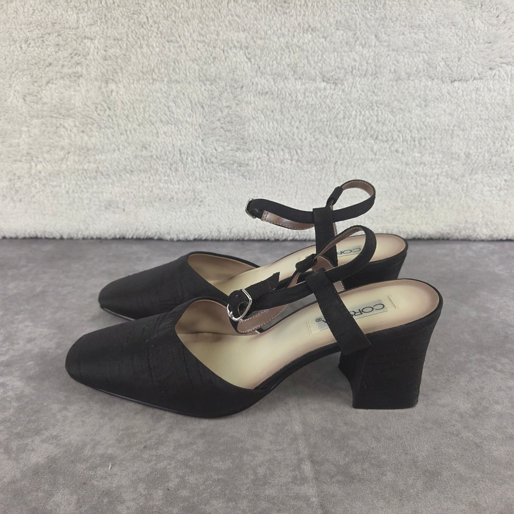 Corsina Black Fabric Block Heel Ankle Strap Square Toe Pumps 9M S2113